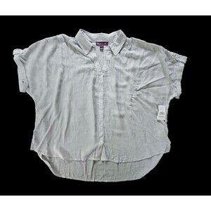 Gloria Vanderbilt 3X Gray Striped Short Dolman Sleeve Button Up Top Blouse Boxy